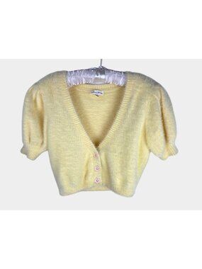 For Love & Lemons Devon Cropped Cardigan Sz M Yellow Fuzzy Puff Sleeve Sweater